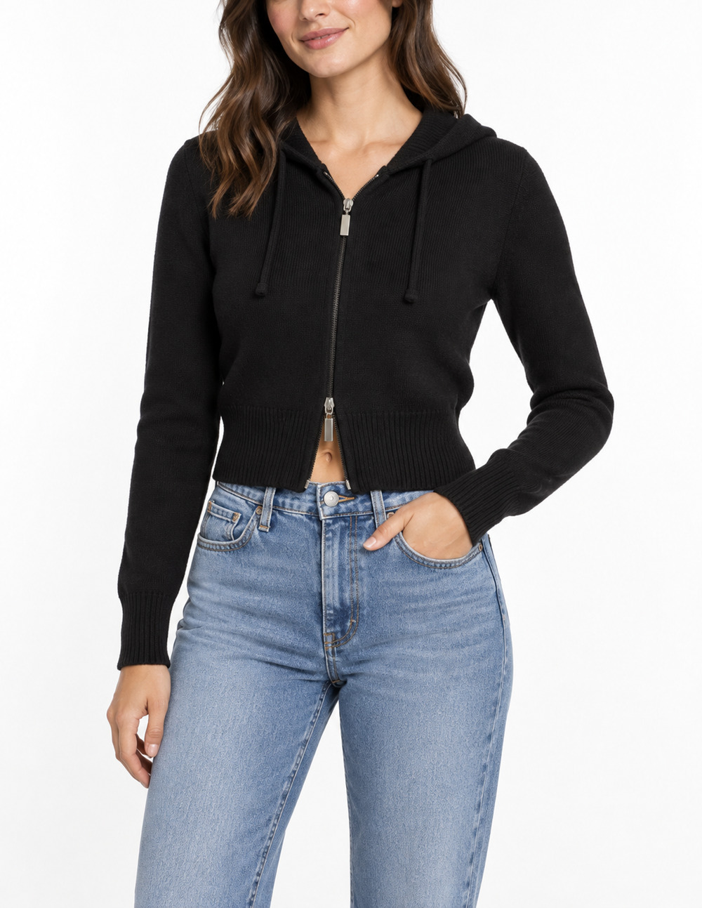 Cotton On Womens M Black Cropped Knit Full 2-Way Zip Hooded Sweater Cardigan